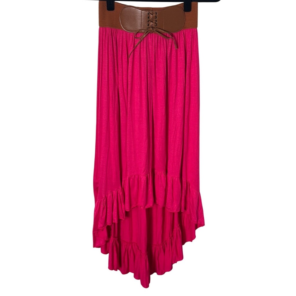 Elan Beach High‎ Low Ruffle Skirt Fuchsia Corset Waist Detail Boho Festival S